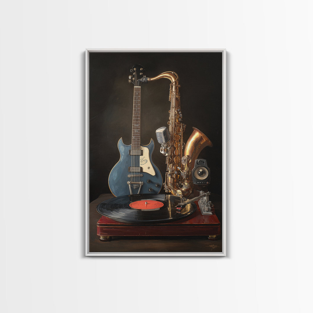 Vinyl Record and Turntable Still Life Framed Canvas Print, Music Studio Art, Music, Studio Decor, Oil Painting, Rhythm, MSA-2x3-59