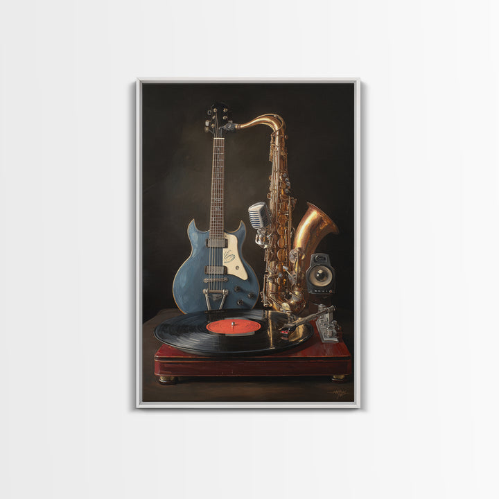 Vinyl Record and Turntable Still Life Framed Canvas Print, Music Studio Art, Music, Studio Decor, Oil Painting, Rhythm, MSA-2x3-59