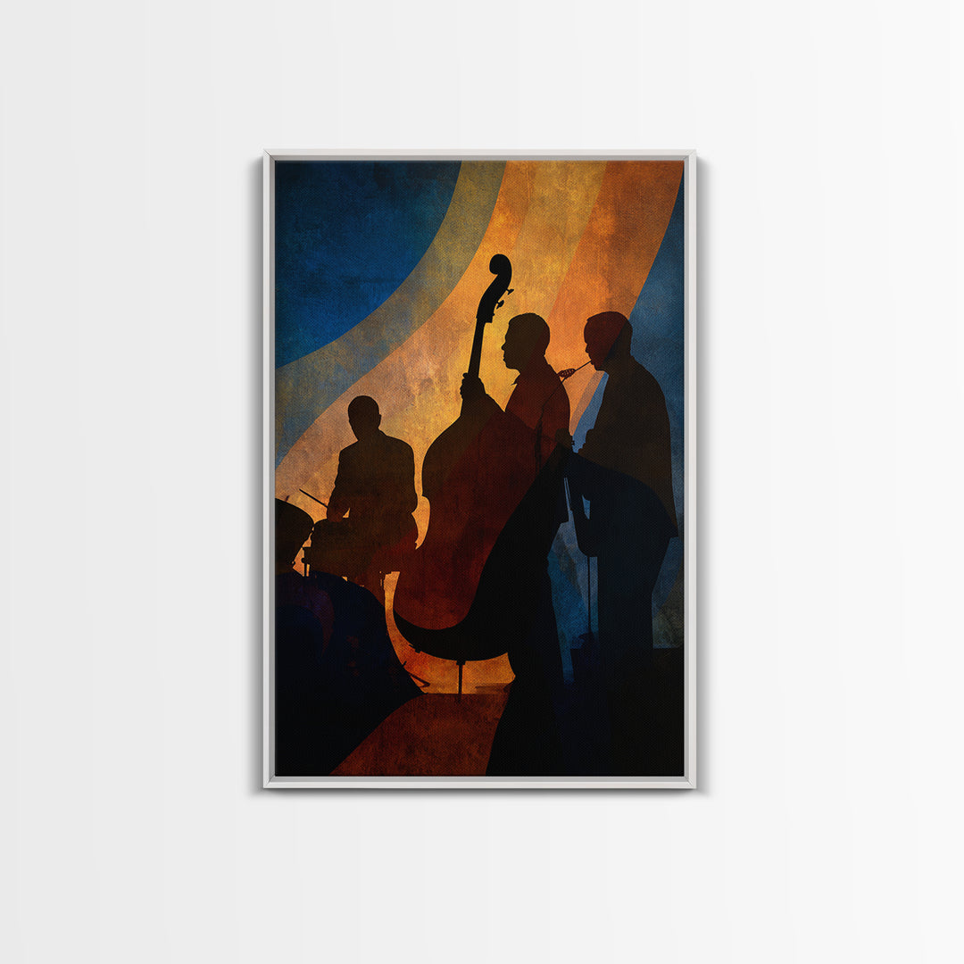 Jazz Quartet Silhouettes Framed Canvas Print, Music Studio Art, Printable Wall Art, Studio Decor, Rhythm, Painting from Photo, MSA-2x3-78