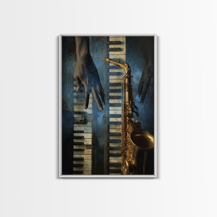 Piano Keys with Hands in Cinematic Shadow Framed Canvas Print, Music Studio Art, Wall Art Printable, Studio Decor, Rhythm, MSA-2x3-85