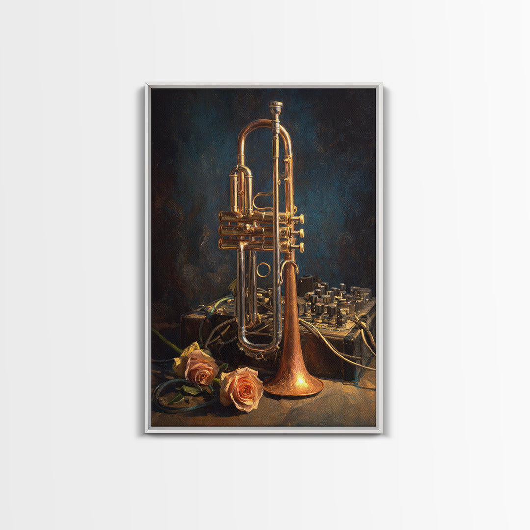 Trumpet and Roses Framed Canvas Print, Music Studio Art, Digital Wall Art, Studio Decor, Fine Art, Rhythm, Commission Painting, MSA-2x3-88