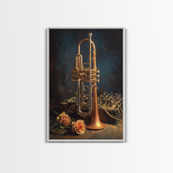 Trumpet and Roses Framed Canvas Print, Music Studio Art, Digital Wall Art, Studio Decor, Fine Art, Rhythm, Commission Painting, MSA-2x3-88