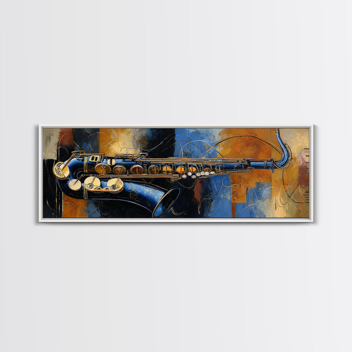 Jazz Saxophone with Smoky Blue Background Framed Canvas Print, Music Studio Art, Custom Painting, Studio Decor, Rhythm, MSA-3x1-18