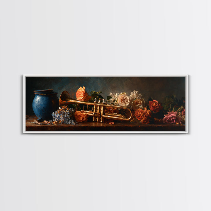 Trumpet and Roses Canvas Print, Music Studio Art, Music Gift, Studio Decor, Fine Art, Rhythm, Room Decor, Textured Painting, MSA-3x1-24