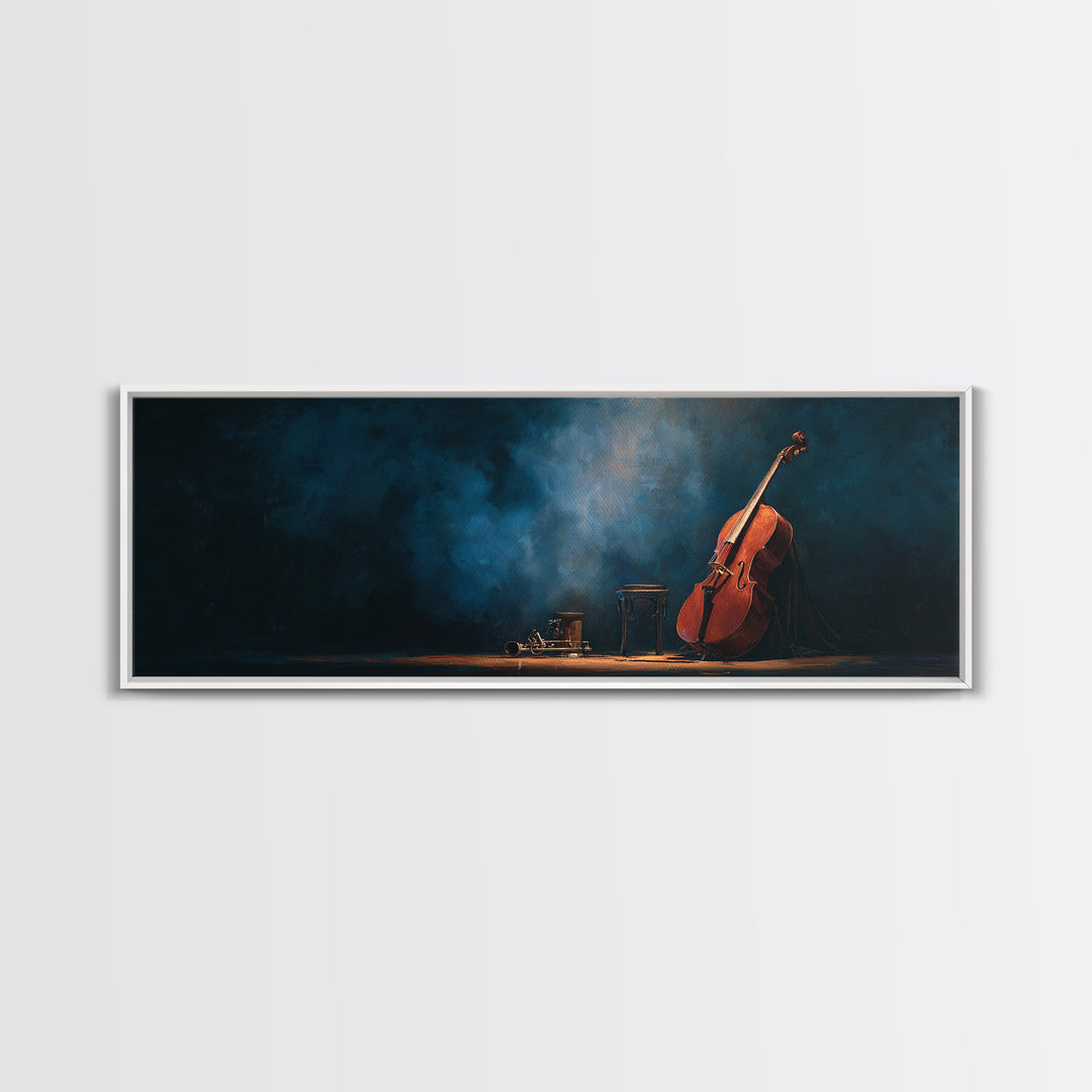 Cello Leaning Against Dark Velvet Backdrop Canvas Print, Music Studio Art, Commission Painting, Studio Decor, Abstract Art, MSA-3x1-25