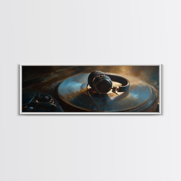 Headphones Around a Glowing Record Canvas Print, Music Studio Art, Gallery Decor, Studio Decor, Fine Art, Rhythm, MSA-3x1-3