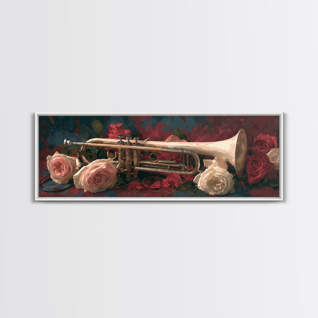 Trumpet and Roses Canvas Print, Music Studio Art, Art Print, Studio Decor, Fine Art, Rhythm, Digital Wall Art, Printable Art, MSA-3x1-48