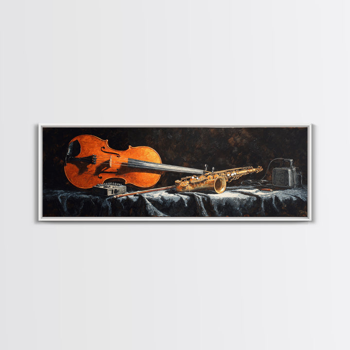 Cello Leaning Against Dark Velvet Backdrop Canvas Print, Music Studio Art, Commission Painting, Studio Decor, Abstract Art, MSA-3x1-49