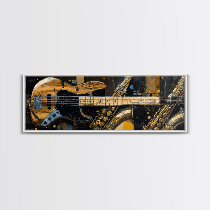 Bass Guitar Closeup Framed Canvas Print, Music Studio Art, Custom Painting, Studio Decor, Watercolor Art, Rhythm, MSA-3x1-5