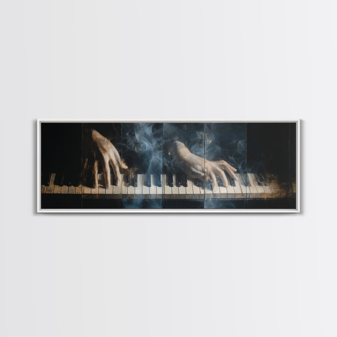 Piano Keys with Hands in Cinematic Shadow Framed Canvas Print, Music Studio Art, Personalized Art, Studio Decor, Rhythm, MSA-3x1-69
