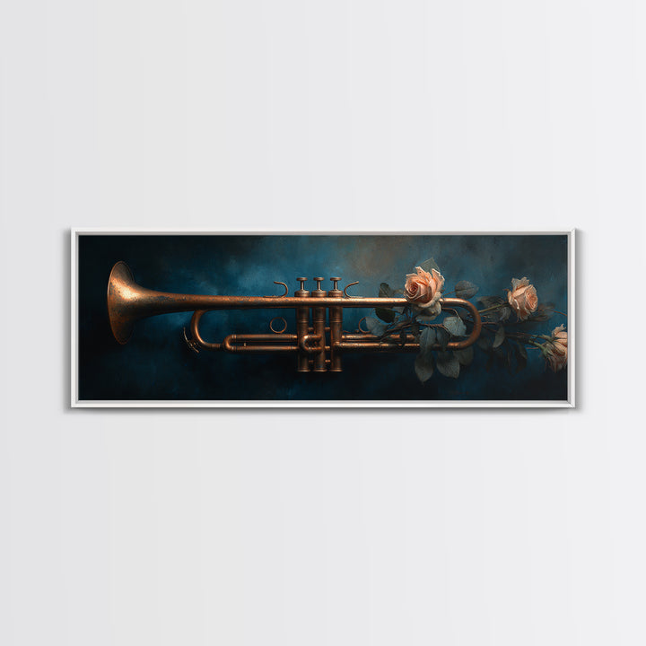 Trumpet and Roses Framed Canvas Print, Music Studio Art, Wall Art, Studio Decor, Rhythm, Trendy Wall Art, Music Wall Art, MSA-3x1-72