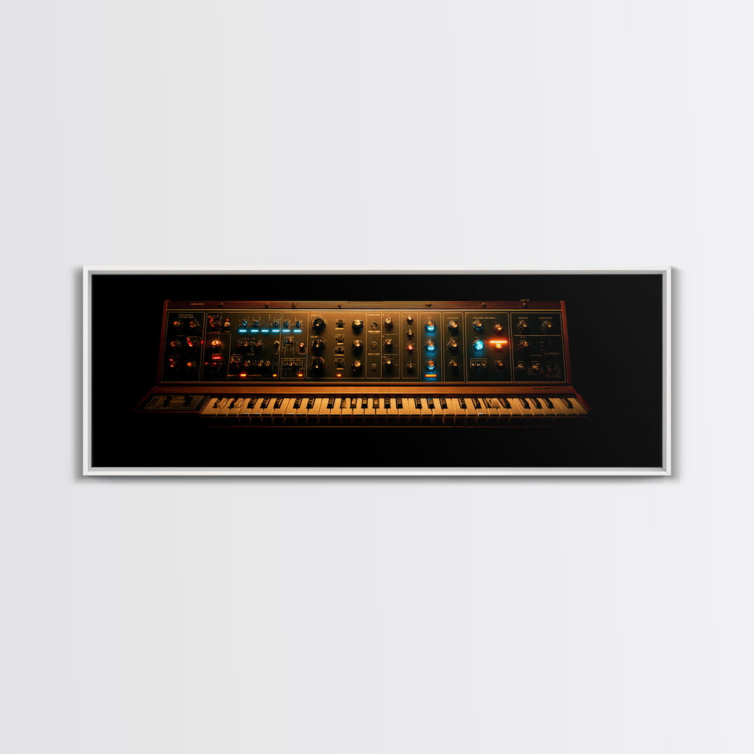 Synthesizer Knobs and Neon Reflections Framed Canvas Print, Music Studio Art, Painting from Photo, Studio Decor, Oil Painting, MSA-3x1-74
