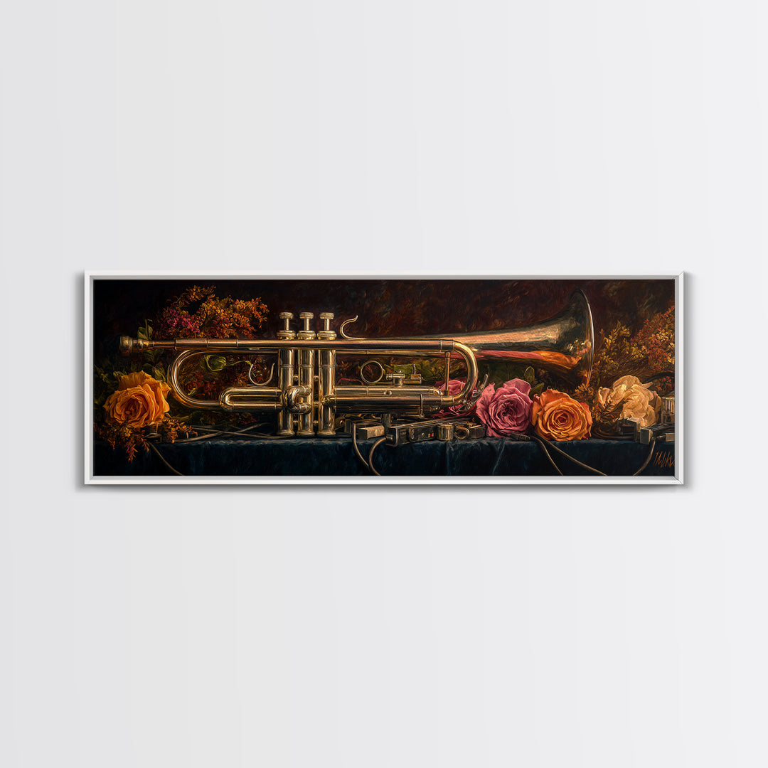 Trumpet and Roses Canvas Print, Music Studio Art, Neutral Decor, Studio Decor, Fine Art, Rhythm, Wall Art, Home Decor, MSA-3x1-96