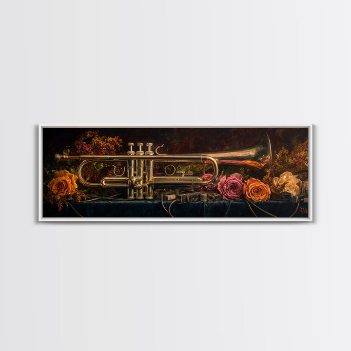 Trumpet and Roses Canvas Print, Music Studio Art, Neutral Decor, Studio Decor, Fine Art, Rhythm, Wall Art, Home Decor, MSA-3x1-96