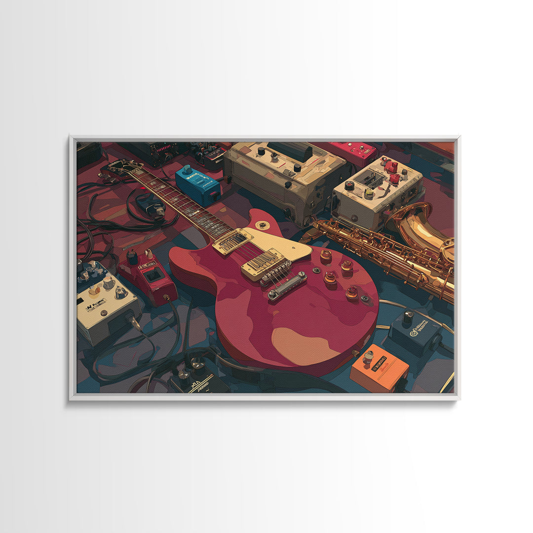 Electric Guitar Pedals and Cables Graphic Art Canvas Print, Music Studio Art, Trendy Wall Art, Studio Decor, Fine Art, Rhythm, MSA-3x2-1