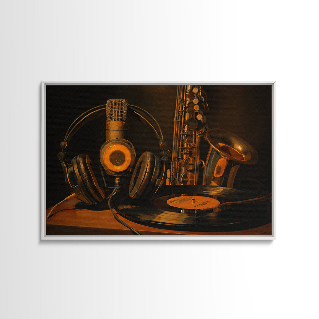 Headphones Around a Glowing Record Framed Canvas Print, Music Studio Art, Custom Painting, Studio Decor, Fine Art, Rhythm, MSA-3x2-15