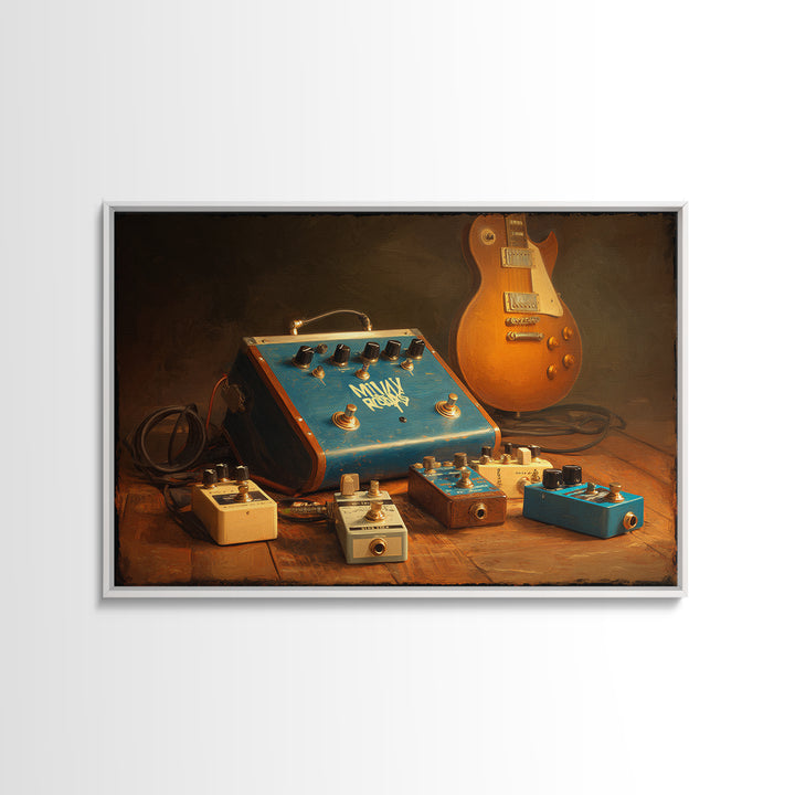 Electric Guitar Pedals and Cables Graphic Art Canvas Print, Music Studio Art, Watercolor Print, Studio Decor, Rhythm, MSA-3x2-25