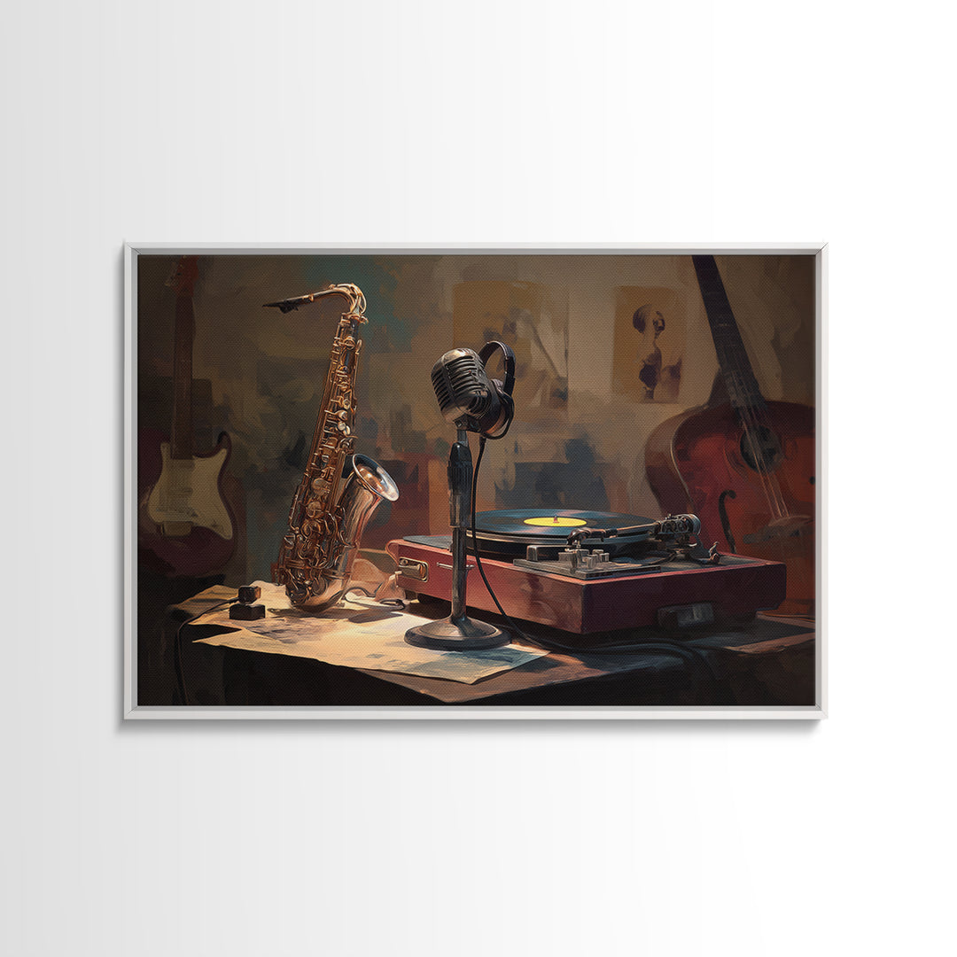 Vinyl Record and Turntable Still Life Framed Canvas Print, Music Studio Art, Music, Studio Decor, Oil Painting, Rhythm, MSA-3x2-55