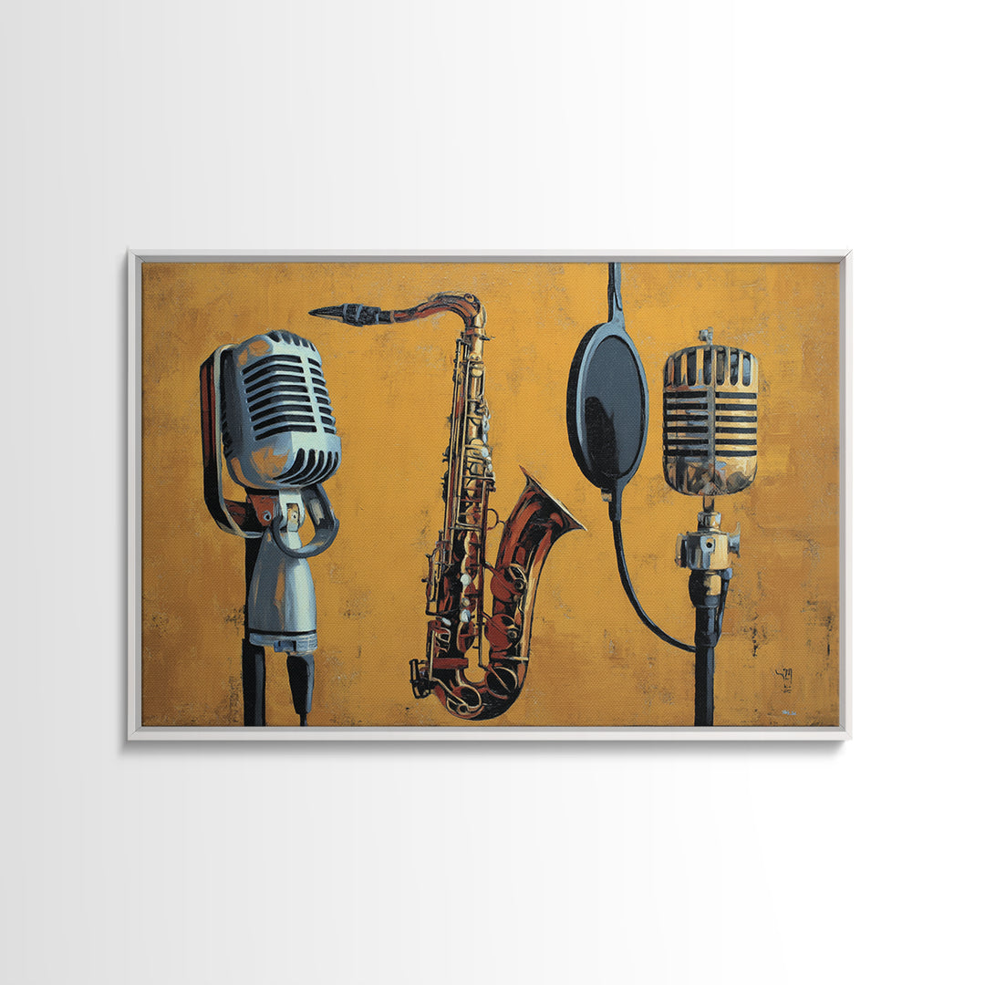 Microphone Portrait with Golden Spotlight Framed Canvas Print, Music Studio Art, Art Print, Studio Decor, Fine Art, Rhythm, MSA-3x2-59