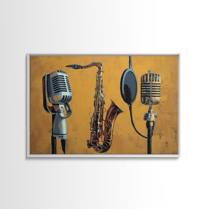 Microphone Portrait with Golden Spotlight Framed Canvas Print, Music Studio Art, Art Print, Studio Decor, Fine Art, Rhythm, MSA-3x2-59
