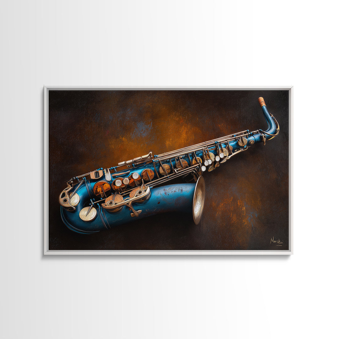 Jazz Saxophone with Smoky Blue Background Framed Canvas Print, Music Studio Art, Scripture Wall Art, Studio Decor, Rhythm, MSA-3x2-6
