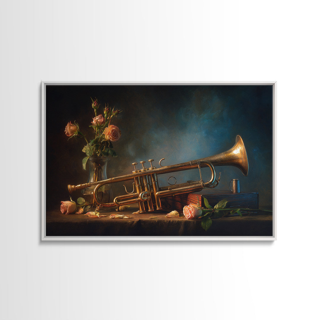 Trumpet and Roses Framed Canvas Print, Music Studio Art, Music Lover, Studio Decor, Fine Art, Rhythm, Minimalist Decor, MSA-3x2-60
