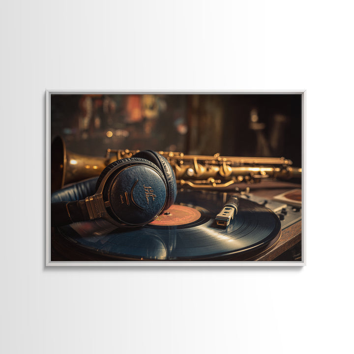 Headphones Around a Glowing Record Framed Canvas Print, Music Studio Art, Scripture Wall Art, Studio Decor, Fine Art, Rhythm, MSA-3x2-63