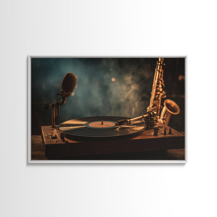 Vinyl Record and Turntable Still Life Framed Canvas Print, Music Studio Art, Home Decor, Studio Decor, Abstract Art, Rhythm, MSA-3x2-7