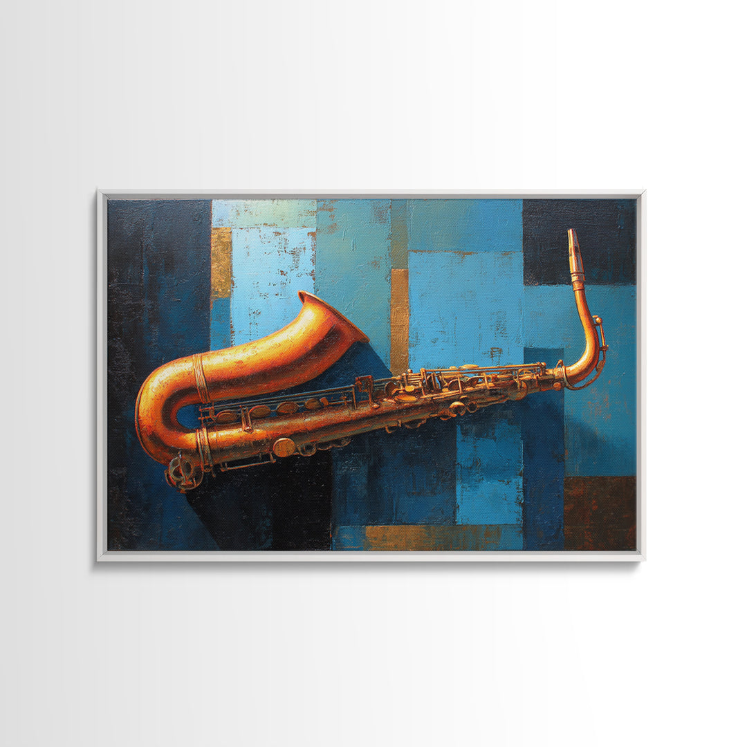 Jazz Saxophone with Smoky Blue Background Framed Canvas Print, Music Studio Art, Boho Art, Studio Decor, Fine Art, Rhythm, MSA-3x2-78