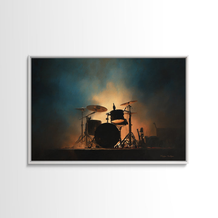Drum Kit Silhouette Framed Canvas Print, Music Studio Art, Travel Wall Art, Studio Decor, Oil Painting, Rhythm, Boho Decor, MSA-3x2-82