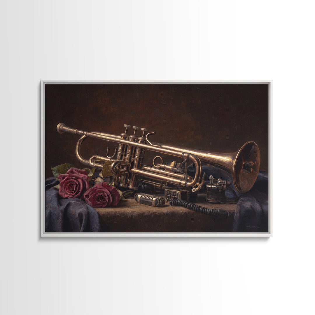 Trumpet and Roses Canvas Print, Music Studio Art, Boho Decor, Studio Decor, Fine Art, Rhythm, Metal Wall Art, MSA-3x2-84