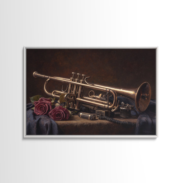Trumpet and Roses Canvas Print, Music Studio Art, Boho Decor, Studio Decor, Fine Art, Rhythm, Metal Wall Art, MSA-3x2-84