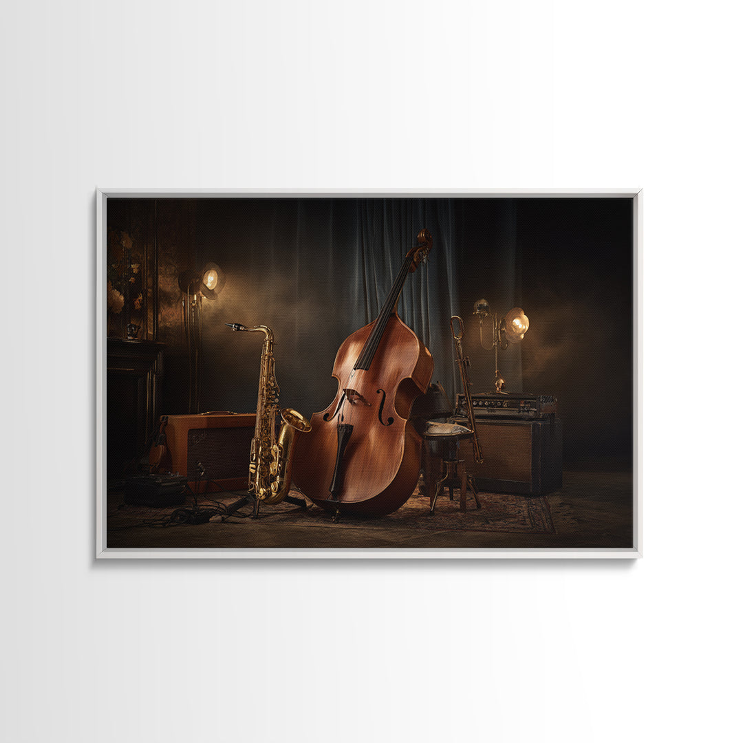 Cello Leaning Against Dark Velvet Backdrop Framed Canvas Print, Music Studio Art, Music Gift, Studio Decor, Fine Art, Rhythm, MSA-3x2-85