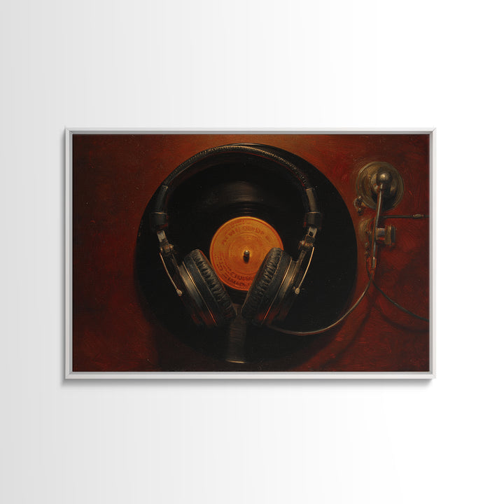 Headphones Around a Glowing Record Framed Canvas Print, Music Studio Art, Fine Art Print, Studio Decor, Fine Art, Rhythm, MSA-3x2-87