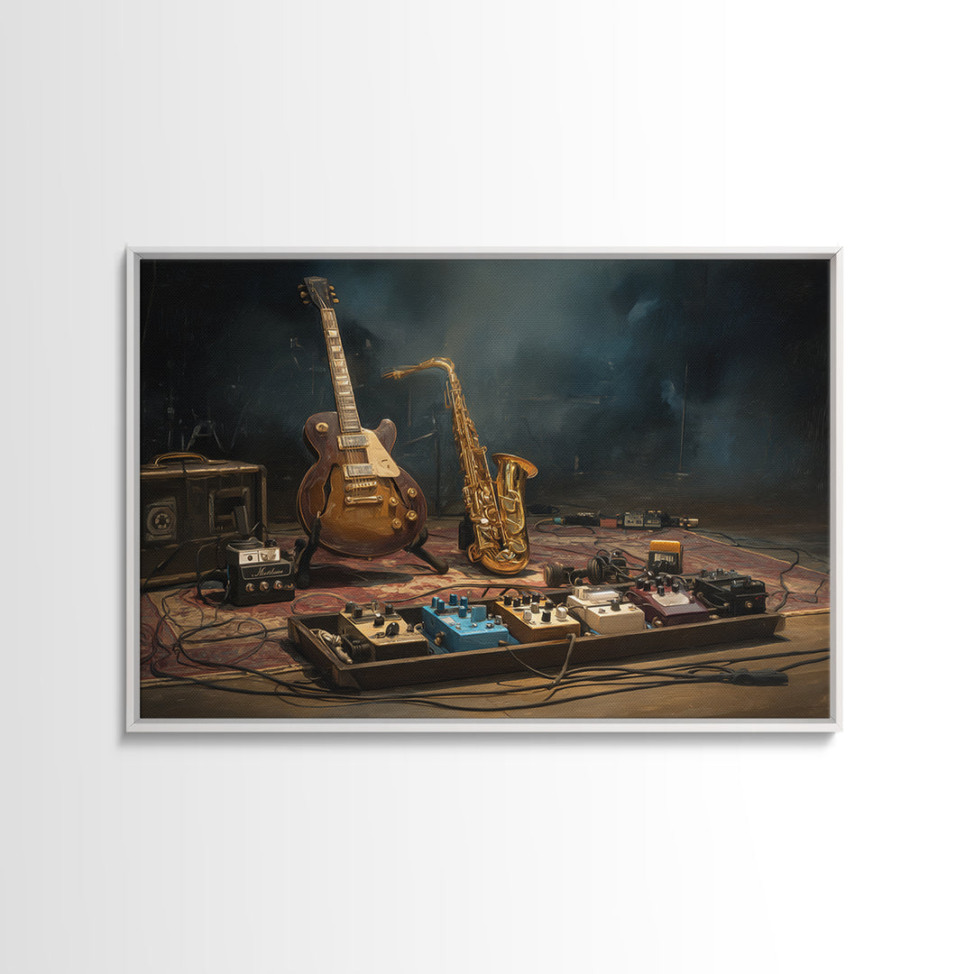 Electric Guitar Pedals and Cables Graphic Art Framed Canvas Print, Music Studio Art, Music Lover, Studio Decor, Watercolor Art, MSA-3x2-97
