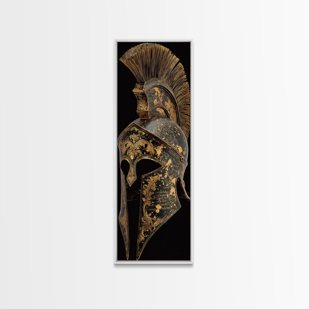 Golden Spartan Helmet - Sparta Wall Art - Gold Canvas Decor - Canvas Wall Art - Gold Spartan Painting - Wood Framed Mancave Art
