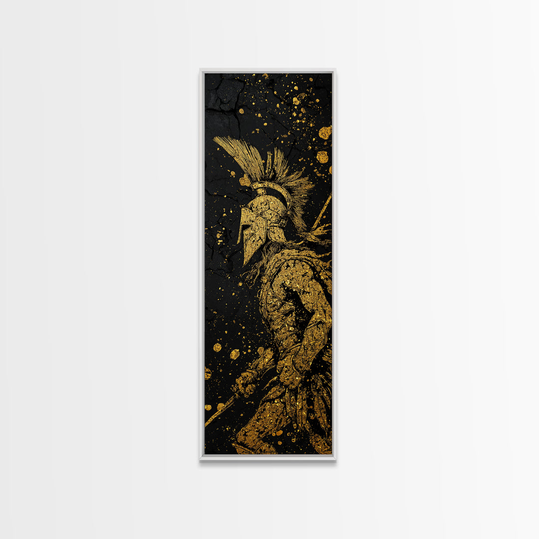 Spartan Warrior Helmet Illustration, Gold Canvas Print, Ancient Greek Soldier Wall Art, Real Wood Frame Decor