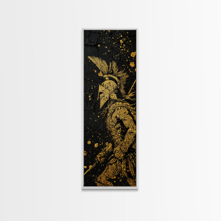 Spartan Warrior Helmet Illustration, Gold Canvas Print, Ancient Greek Soldier Wall Art, Real Wood Frame Decor