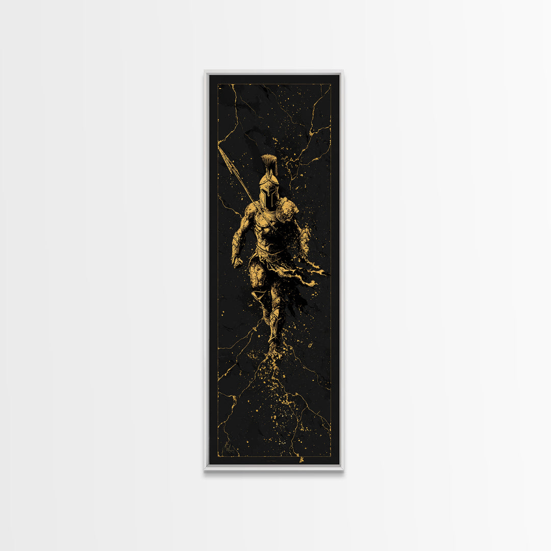 Ancient Spartan Soldier Running, Gold Canvas Print, Greek Warrior Helmet Wall Art, Real Wood Frame Decor