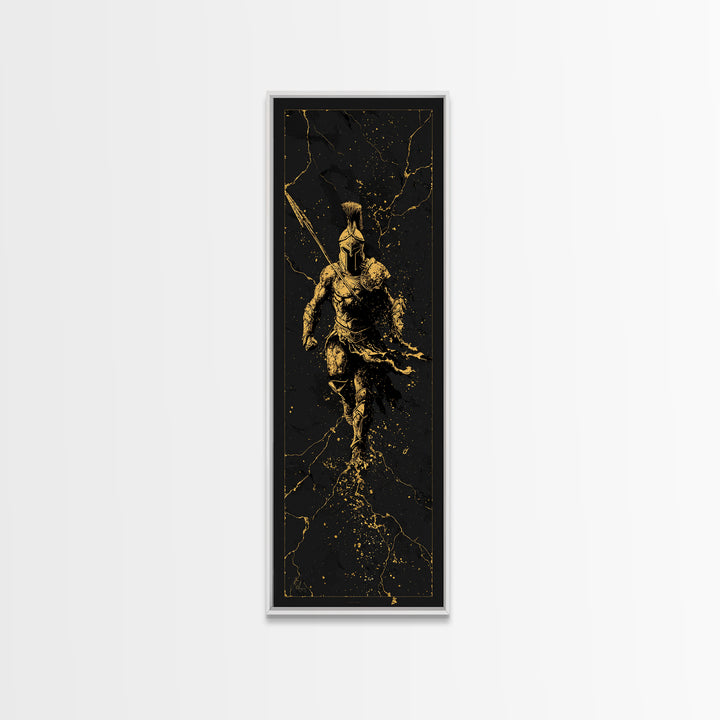 Ancient Spartan Soldier Running, Gold Canvas Print, Greek Warrior Helmet Wall Art, Real Wood Frame Decor