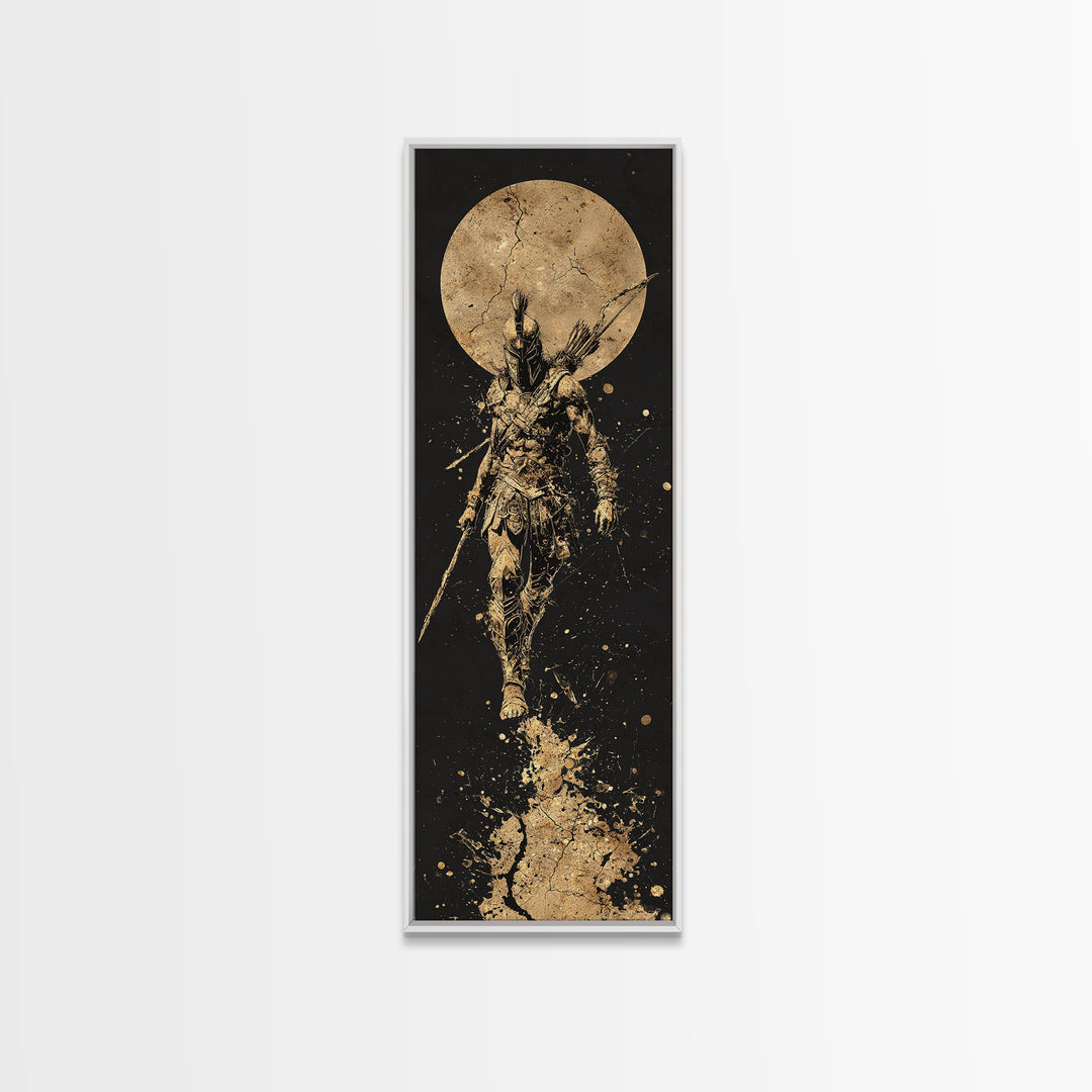 Spartan Warrior Under Full Moon, Gold Canvas Print, Ancient Greek Soldier Wall Art, Real Wood Frame Decor