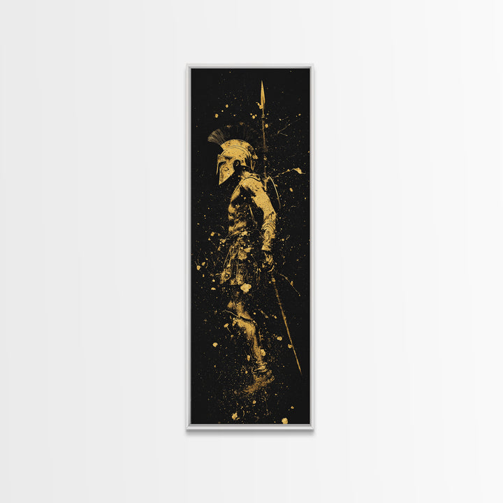 Greek Spartan Warrior With Spear, Gold Canvas Print, Ancient Soldier Helmet Wall Art, Real Wood Frame Decor