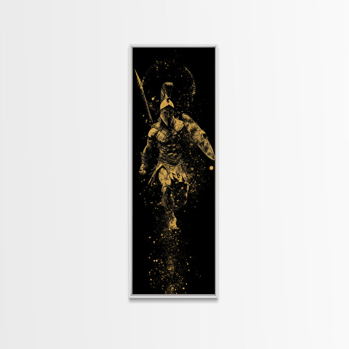 Spartan Warrior With Shield And Spear, Gold Canvas Print, Ancient Greek Helmet Wall Art, Real Wood Frame Decor