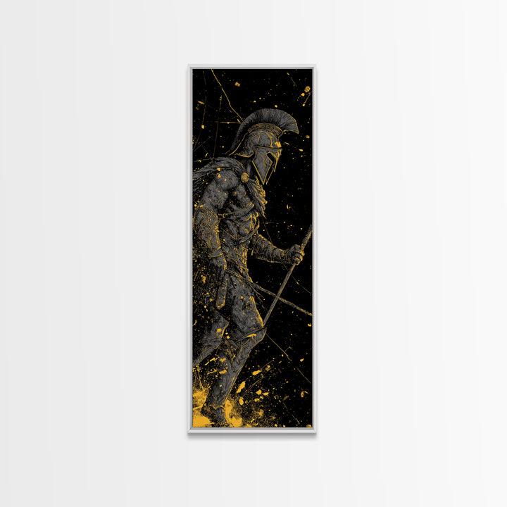 Ancient Greek Spartan Fighter, Gold Canvas Print, Warrior Helmet Spear Wall Art, Real Wood Frame Decor