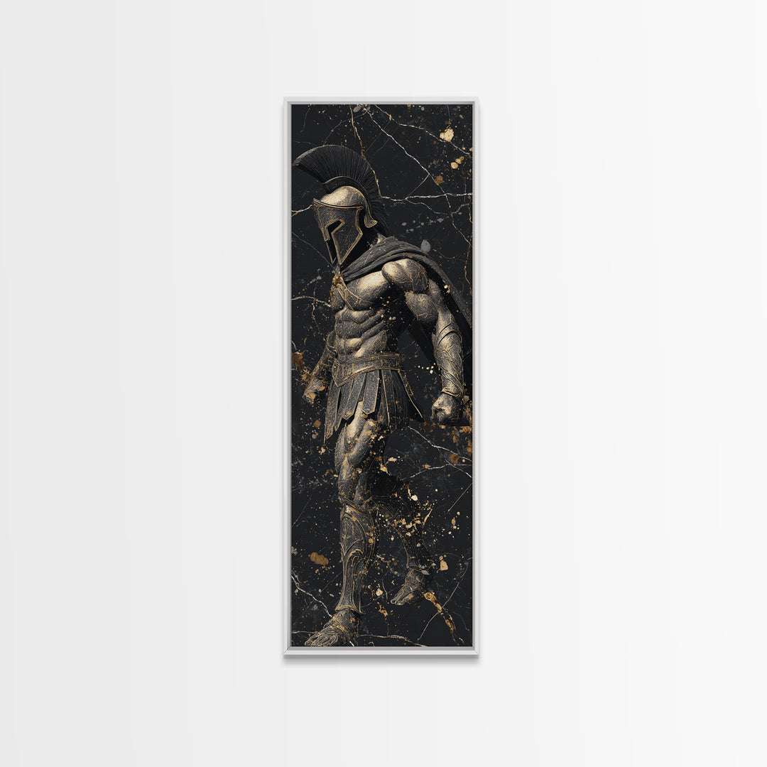 Spartan Warrior In Detailed Armor, Gold Canvas Print, Ancient Greek Soldier Wall Art, Real Wood Frame Decor