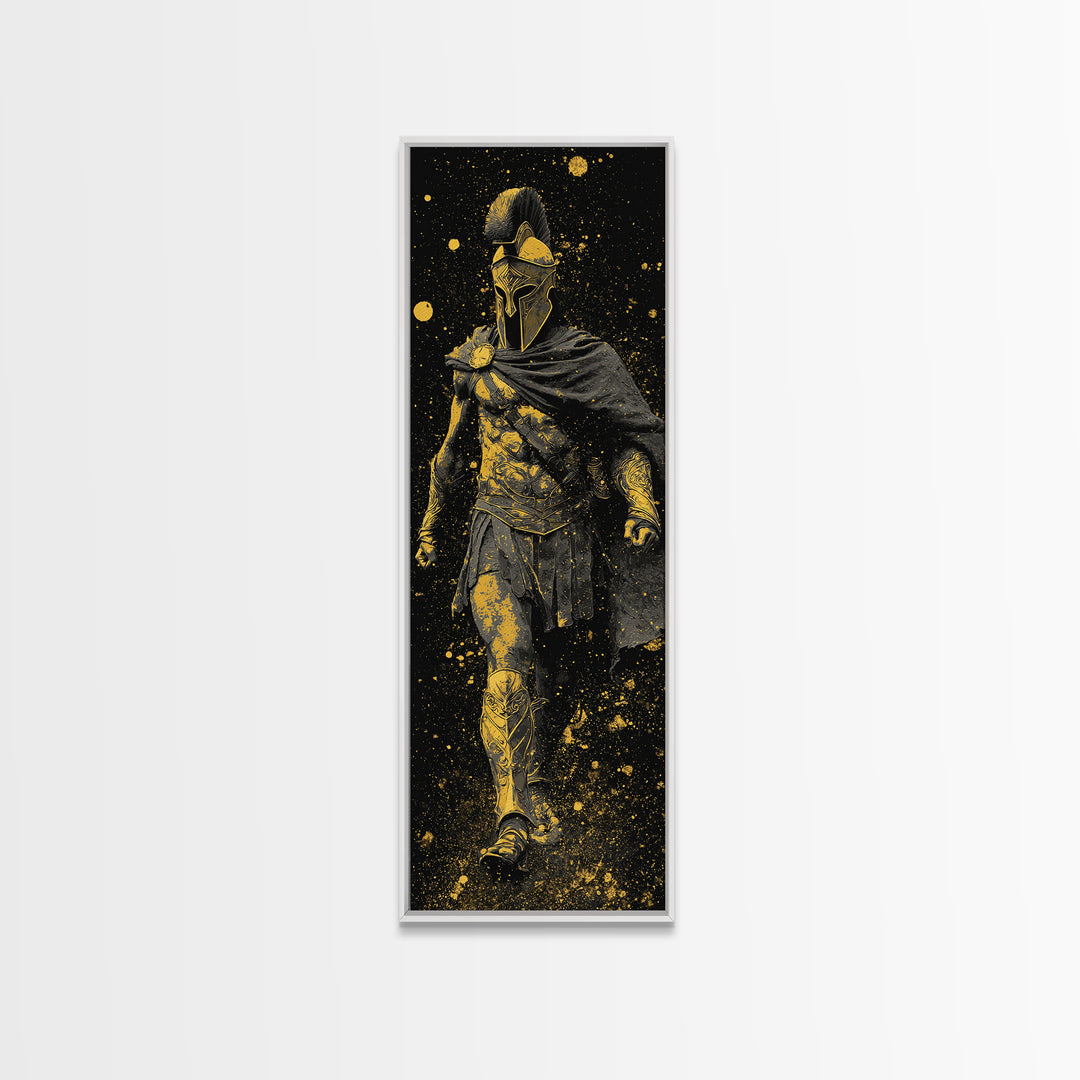Greek Spartan Warrior In Cloak, Gold Canvas Print, Ancient Helmet Warrior Wall Art, Real Wood Frame Home Decor