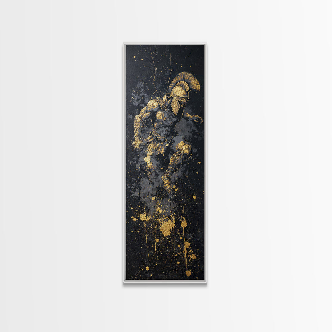 Ancient Spartan Warrior In Battle Pose, Gold Canvas Print, Greek Soldier Helmet Wall Art, Real Wood Frame Decor