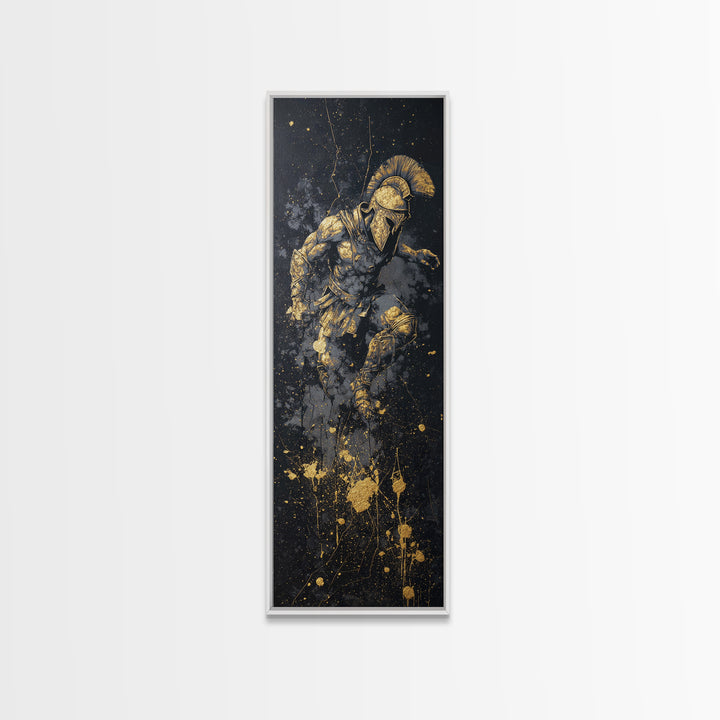 Ancient Spartan Warrior In Battle Pose, Gold Canvas Print, Greek Soldier Helmet Wall Art, Real Wood Frame Decor