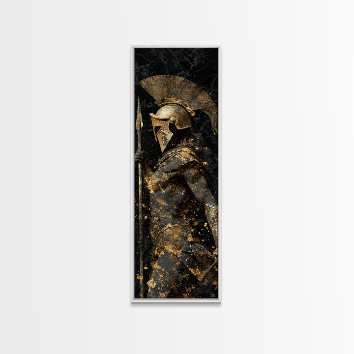 Greek Spartan Warrior Holding Spear, Gold Canvas Print, Ancient Helmet Warrior Wall Art, Real Wood Frame Decor