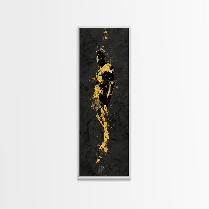 Greek Spartan Warrior Silhouette, Gold Canvas Print, Ancient Warrior Helmet Wall Art, Real Wood Frame Decor